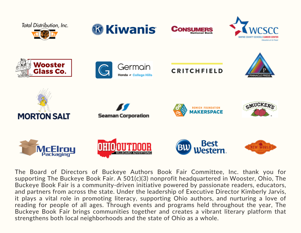 Graphic featuring logos of various sponsors and partners of the Buckeye Book Fair, along with a brief description of the event and its mission to promote literacy and support local authors in Ohio.